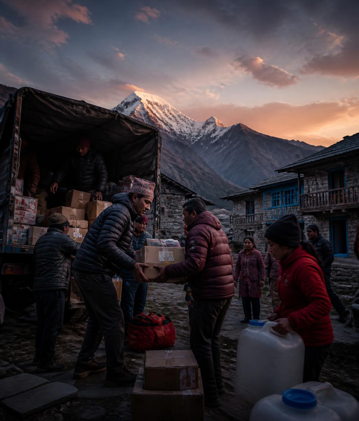 Volunteers unloading relief supplies in a Himalayan village
